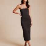 Elegant Rust Strapless Midi Dress with Waist Tie